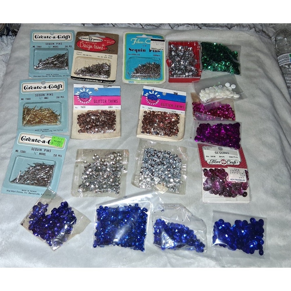 Vintage Sequin Craft Lot Glitter Trims Pins Fibre-Craft Create-a-Craft Retro
